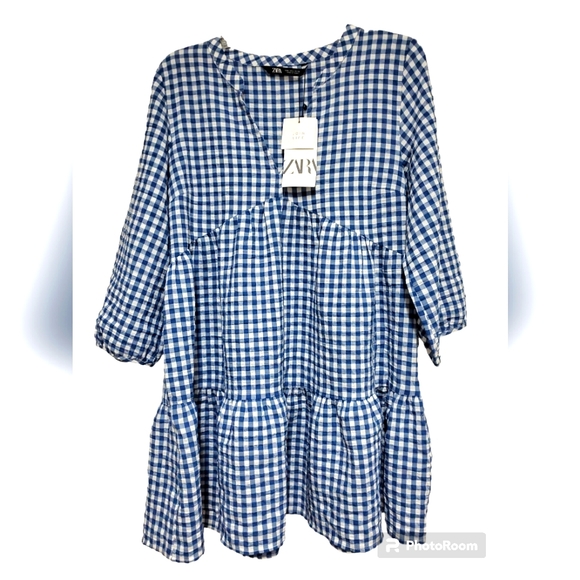 Zara Gingham Tiered Mini Dress Size L - Picture 6 of 11